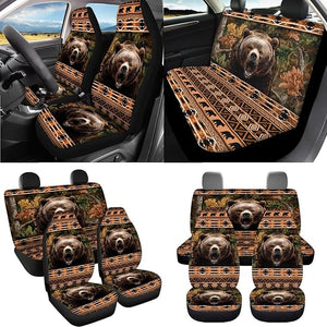 Aztec Bear Print Full Set Car Seat Covers with Accessories Camo Hunting Front and Rear Split Bench Seat Covers Floor Carpets Steering Wheel Cover Center Console Pad etc, Brown