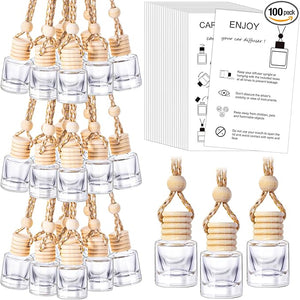 100 Sets Car Diffuser Bottles Empty Bulk Hanging Car Air Freshener Diffuser Bottles Bulk Glass Perfume Holder with Instruction Cards for Essential Oil Fragrance Pendant(Cylindrical,Clear)