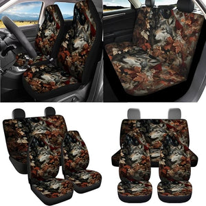 Wolf Camo Hunting Car Seat Covers Full Set American Flag Print Car Front Rear Seat Covers with Steering Wheel Cover Armrest Cushion Safety Belt Pads Floor Carpets Keychain