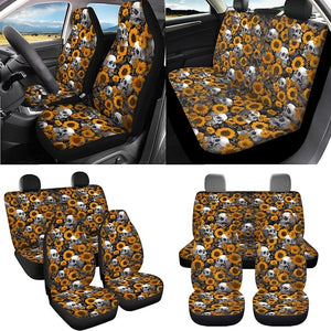 Skull Sunflower Print Car Accessories Seat Covers Full Set of 16 Universal High Back Bucket Seat Covers with Floor Mats Steering Wheel Cover Armrest Cushion Safety Belt Pads