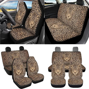 Leopard Print Car Seat Cover Sets Full Set with Floor Mats Steering Wheel Cover Armrest Cushion Safety Belt Pads Garbage Bag Cup Mats Keychain for Men, Easy to Install