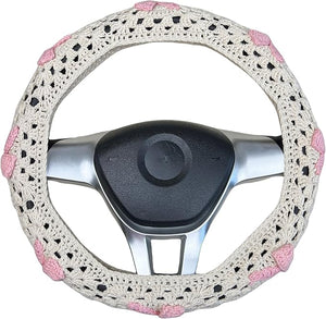 Handmade Crochet Pink Bow Cute Granny Square Car Steering Wheel Covers Universal 14-15 inch for Women and Men (Steer Wheel Cover)