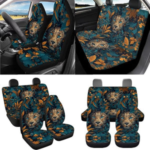 Leopard Leaf Print Car Accessories Seat Covers Full Set of 16 Universal High Back Bucket Seat Covers with Floor Mats Steering Wheel Cover Armrest Cushion Safety Belt Pads