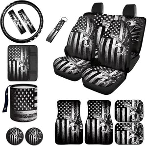 Eagle Print Car Seat Covers Full Set American Flag Print Car Front Rear Seat Covers with Steering Wheel Cover Armrest Cushion Safety Belt Pads Floor Carpets Keychain, Gray