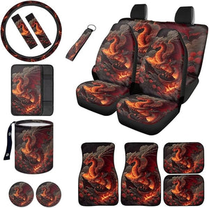 Dragon Print Car Seat Cover Sets Full Set with Floor Mats Steering Wheel Cover Armrest Cushion Safety Belt Pads Garbage Bag Cup Mats Keychain for Men, Easy to Install