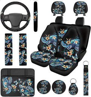 Turtle Car Seat Covers Full Set with Steering Wheel Cover, Sea Turtle Seat Belt Cushion Pad, Center Console Cover,Universal Fit Most SUVs Trucks Auto Interior Decor 14 Pcs Black