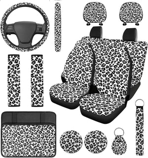 Snow Leopard Car Seat Covers Set Auto Steering Wheel Cover Cheetah Print Armrest Cushion Pad Protector Seat Belt Covers Auto Interior Sets Fit Cars SUVs Turcks 14 Pcs Grey