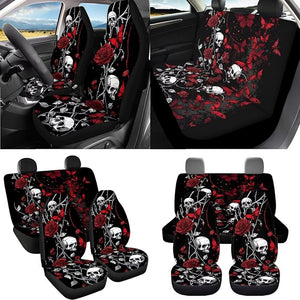 16Pcs Car Seat Covers Full Set Skull Rose Butterfly Print Car Front Rear Seat Covers with Floor Mats Steering Wheel Cover Armrest Cushion Safety Belt Pads Garbage Bag Cup Coasters