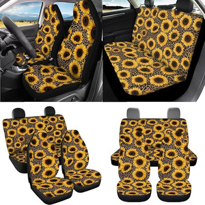 Sunflower Leopard Print Car Interior Cover Set Decorative High Back Bucket Seat Covers with Steering Wheel Cover Safety Belt Pads Floor Rugs Armrest Cushion Garbage Bag Cup Coasters