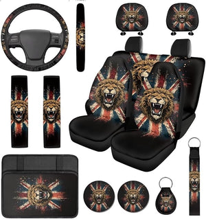 British Flag Car Seat Covers Full Set Union Jack Car Accessories Set with Steering Wheel Cover Universal Seatbelt Cushion Pad Center Console Cover with Cup Coasters Fit SUV Truck 14 Piece