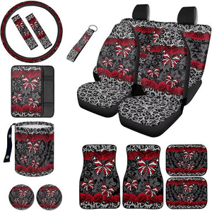 Butterfly Rose Print Car Seat Cover Set of 16 Leopard Print Car Front Rear Seat Covers Steering Wheel Cover Safety Belt Pads Center Console Pad Trash Bin Floor Carpets Cup Mats