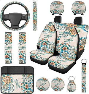 Dragonfly Seat Covers for Cars Boho Car Accessories Full Set Steering Wheel Cover Women Bohemian Seat Belt Cover Armrest Pad Coasters with Keychain Fit Most Auto SUV Truck 14 Pcs