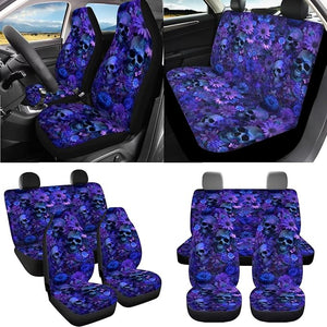 Skull Daisy Print Car Seat Covers with Floor Mats and Steering Wheel Cover Full Set Universal Center Console Pad Safety Belt Pads Garbage Bag Cup Coasters for Sedan Truck SUV