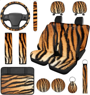 Tiger Print Seat Covers for Cars Animal Print Car Accessories Full Set Include Steering Wheel Cover Seat Belt Cover Pad Center Console Cushion Protector Universal Fit Auto Interior Sets