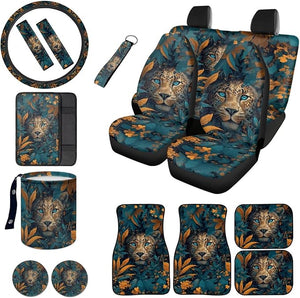 Leopard Leaf Print Car Accessories Seat Covers Full Set of 16 Universal High Back Bucket Seat Covers with Floor Mats Steering Wheel Cover Armrest Cushion Safety Belt Pads