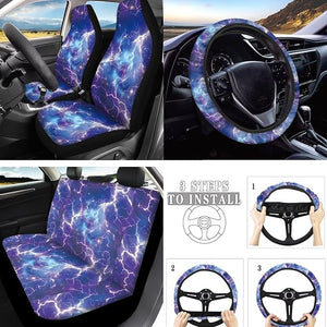 Cosmic Lightning Car Seat Cover Set of 10, 3D Graphic Soft Automotive Rear Front Seat Protector Car Interior Cover, Starry Night Elastic Safety Belt Coaster Keychain