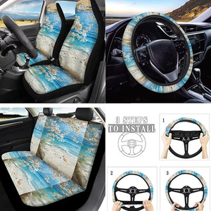 Beach Car Seat Cover Set of 10, Ocean Island Soft Automotive Rear Front Seat Protector Car Interior Cover, Seaside Elastic Safety Belt Coaster Keychain