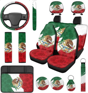 Mexican Car Seat Covers Mexico Flag Car Accessories Full Set Auto Seats Protector Include Steering Wheel Cover Seatbelt Cover Pad with Keychains Cup Coaster Interior Decor 14 Pcs