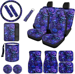 Skull Daisy Print Car Seat Covers with Floor Mats and Steering Wheel Cover Full Set Universal Center Console Pad Safety Belt Pads Garbage Bag Cup Coasters for Sedan Truck SUV