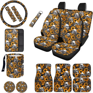 Skull Sunflower Print Car Accessories Seat Covers Full Set of 16 Universal High Back Bucket Seat Covers with Floor Mats Steering Wheel Cover Armrest Cushion Safety Belt Pads