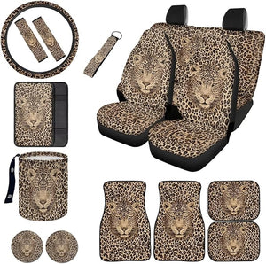 Leopard Print Car Seat Cover Sets Full Set with Floor Mats Steering Wheel Cover Armrest Cushion Safety Belt Pads Garbage Bag Cup Mats Keychain for Men, Easy to Install