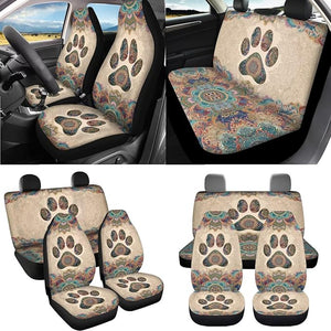 Dog Paw Print Full Set Car Seat Covers with Accessories Boho Mandala Flower Print Front and Rear Split Bench Seat Covers Floor Carpets Steering Wheel Cover Center Console Pad etc